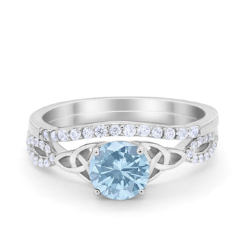 Celtic Wedding Ring Band Simulated Aquamarine CZ 925 Sterling Silver